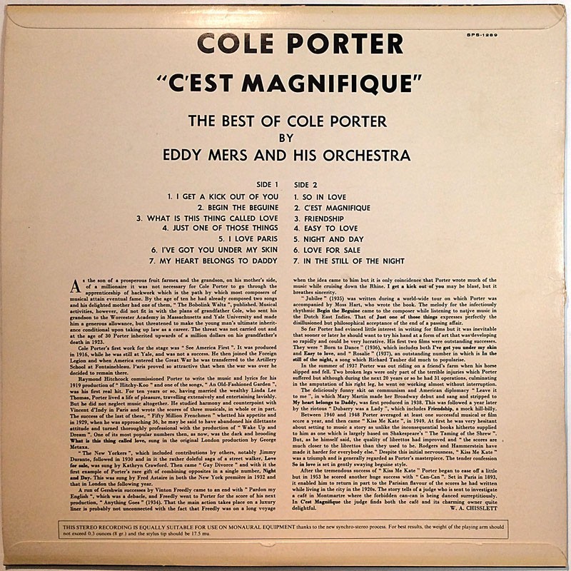 Eddy Mers And His Orchestra: C'est Magnifique! The Best Of Cole Porter  VG- / VG ilmainen tuote bonus LP:nä