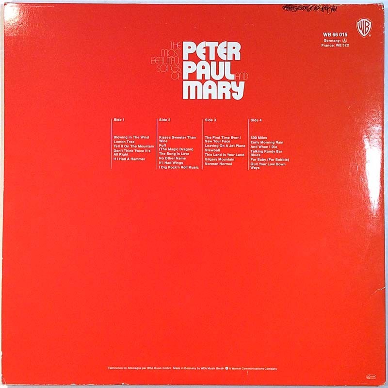 Peter, Paul And Mary: The most beautiful songs of 2LP  kansi VG+ levy EX Käytetty LP