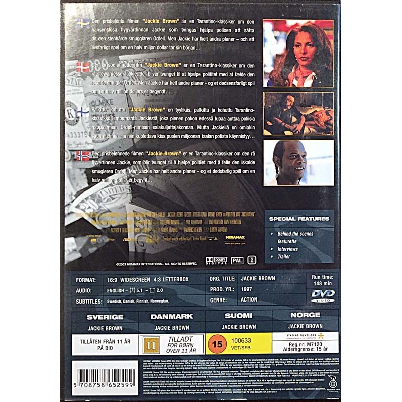 DVD - Elokuva: Jackie Brown  kansi EX levy EX Käytetty DVD