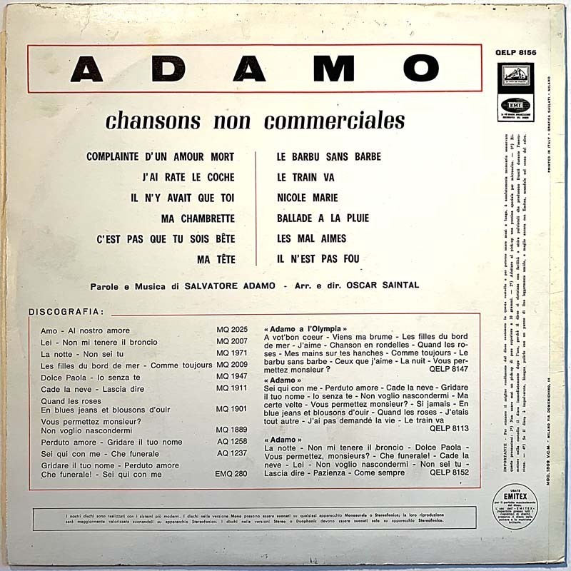 Adamo: Chansons Non Commerciales  kansi EX levy VG+ Käytetty LP