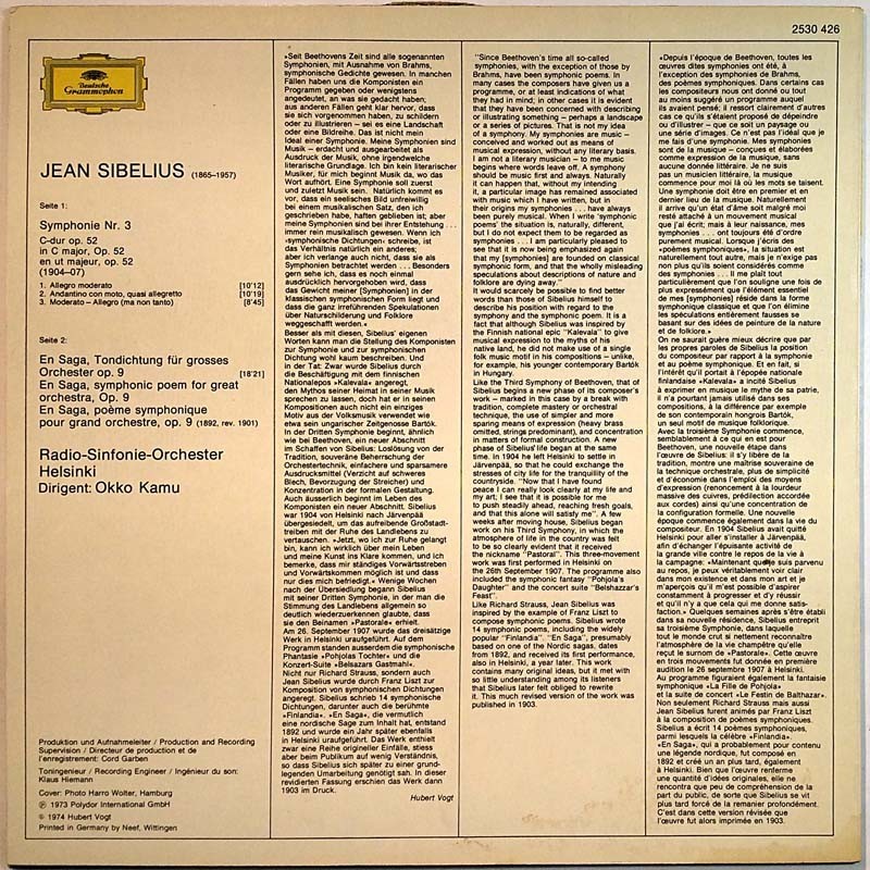 Jean Sibelius / Radio-Sinfonie-Orchester Helsinki: Symphonie Nr. 3 / En Saga  kansi EX levy EX Käytetty LP