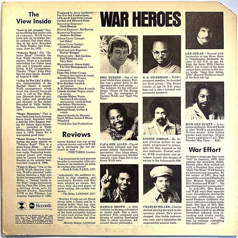 War featuring Eric Burdon Used LP, year 1976