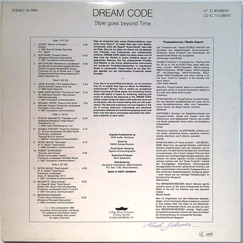 Sylvian David, Robert Schroeder, R Sakamoto 1987 IC 80.066/67 Dream Code 2LP Used LP