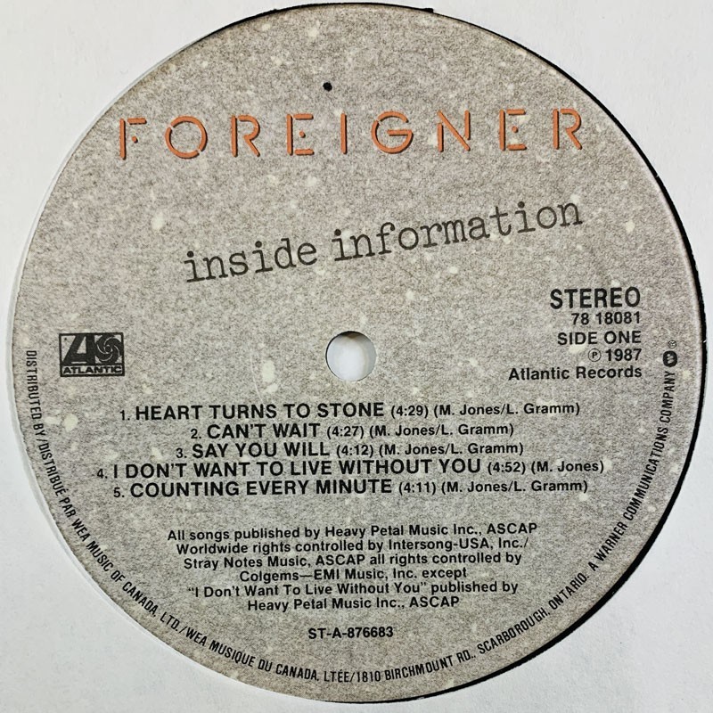Foreigner: Inside information  kansi Ei kuvakantta levy EX kanneton LP