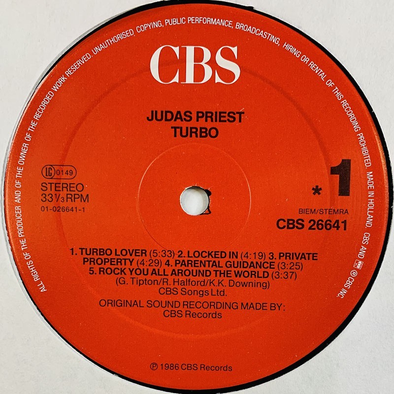 Judas Priest: Turbo  kansi Ei kuvakantta levy EX- kanneton LP