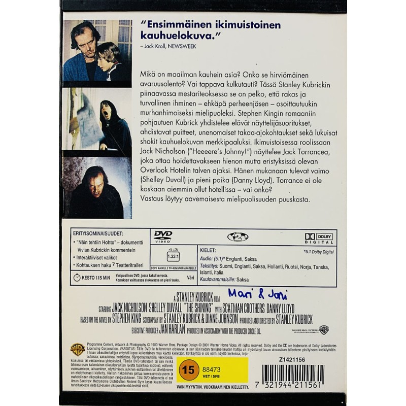 DVD - Elokuva DVD The Shining - Hohto  kansi EX levy EX- DVD