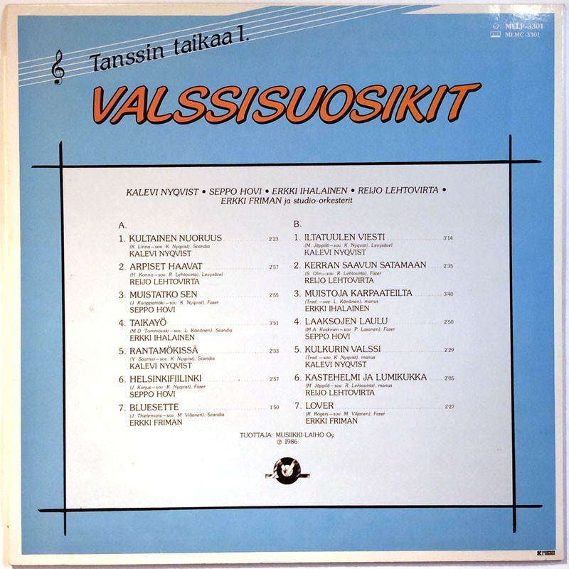 Nyqvist Kalevi, Seppo Hovi, Reijo Lehtovirta ym. LP Tanssin taikaa 1. Valssisuosikit  kansi VG levy EX Käytetty LP