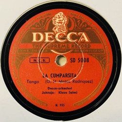 Decca-orkesteri Gramofonilevy La Cumparsita / Mustasukkaisuutta  kansi paperikansi/muovitasku levy VG- savikiekko gramofonilevy