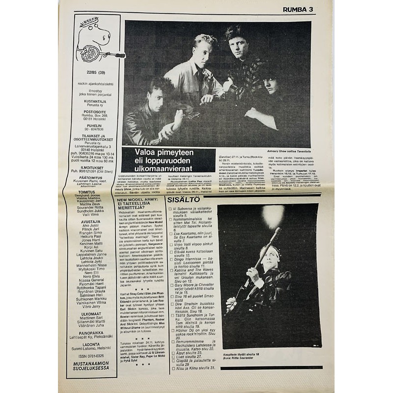 Rumba rockin ajankohtaislehti 1985 22 Dire Straits, Tom Waits, Hüsker Dü, Backsliders aikakauslehti