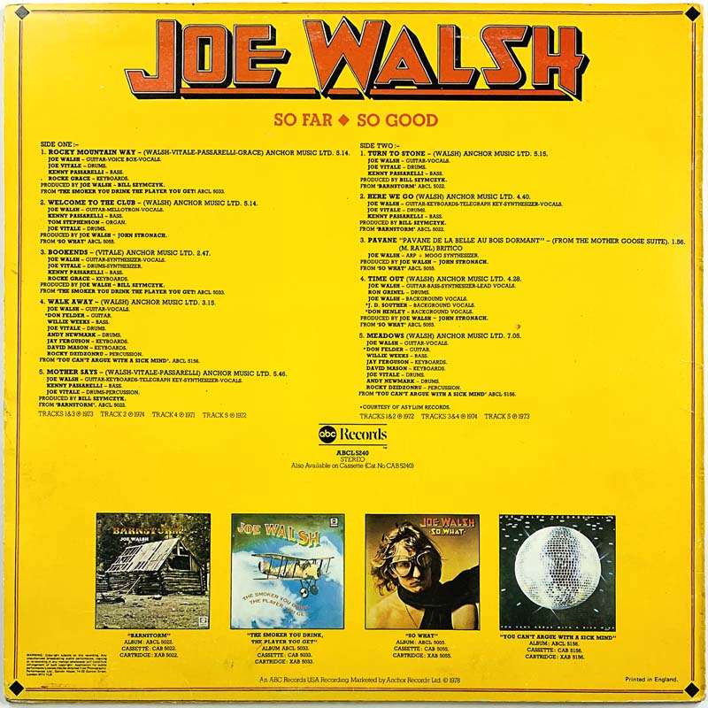Walsh Joe LP So Far So Good  kansi VG+ levy VG+ Käytetty LP