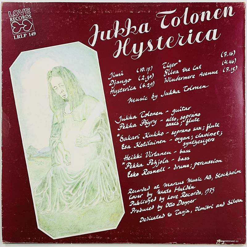 Tolonen Jukka LP Hysterica  kansi VG levy EX- Käytetty LP