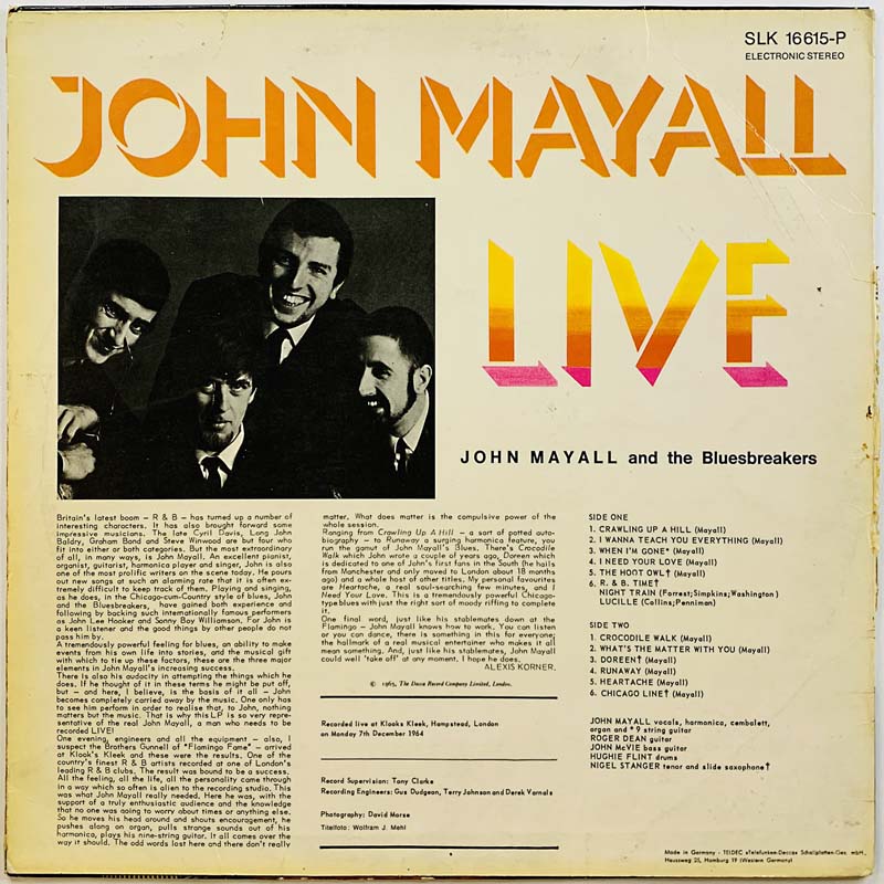 Mayall John LP John Mayall Live  kansi VG levy VG Käytetty LP