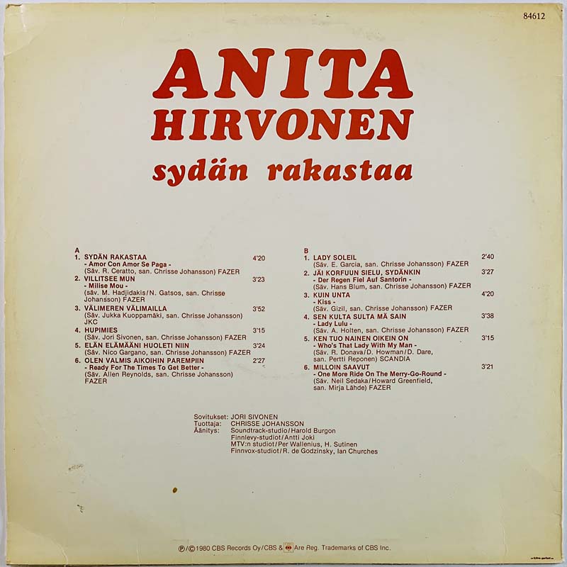 Hirvonen Anita LP Sydän rakastaa  kansi VG+ levy EX Käytetty LP