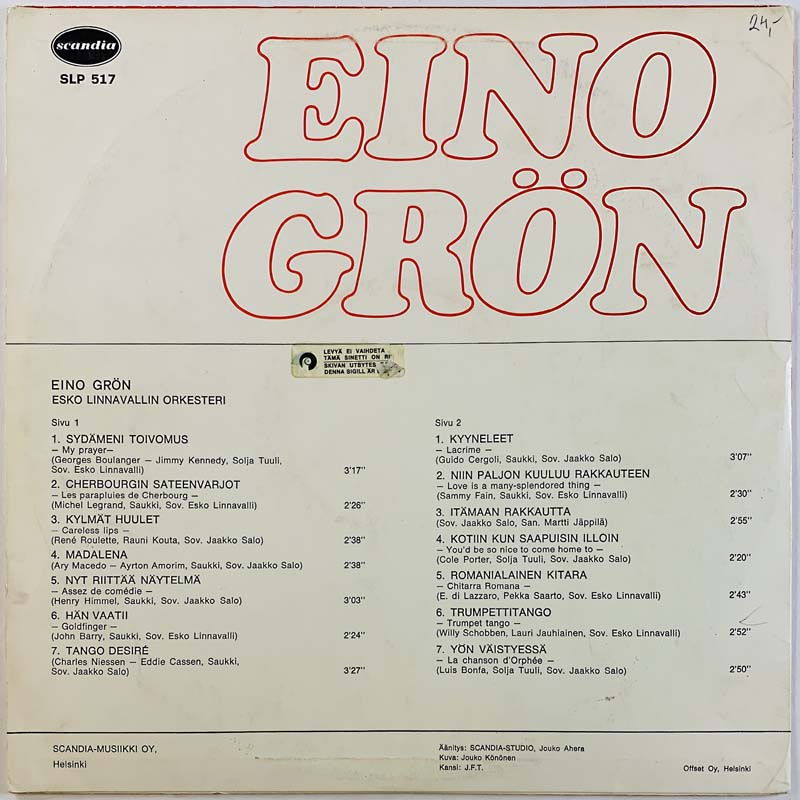 Grön Eino LP Eino Grön -67  kansi VG levy VG+ Käytetty LP