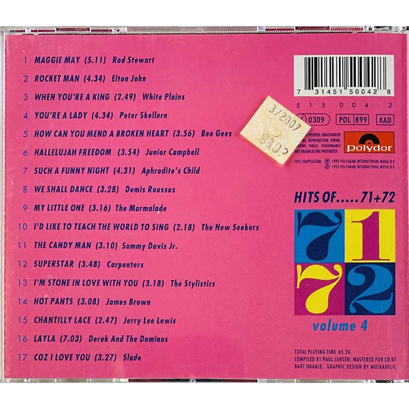 Rod Stewart, Elton John, James Brown ym. CD Hits Of 1971-72  kansi EX levy EX Käytetty CD