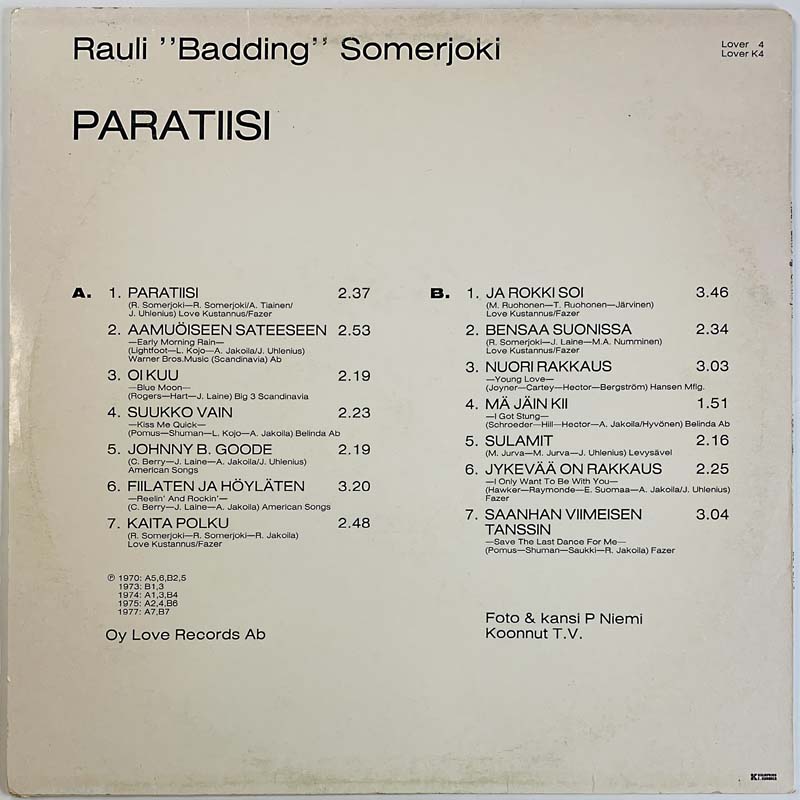 Somerjoki Badding Rauli LP Paratiisi Baddingin parhaat  kansi VG+ levy VG+ Käytetty LP