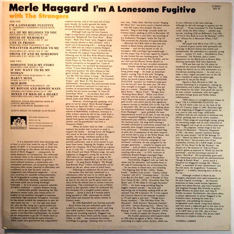 Haggard Merle LP I'm A Lonesome Fugitive  kansi EX levy EX Käytetty LP
