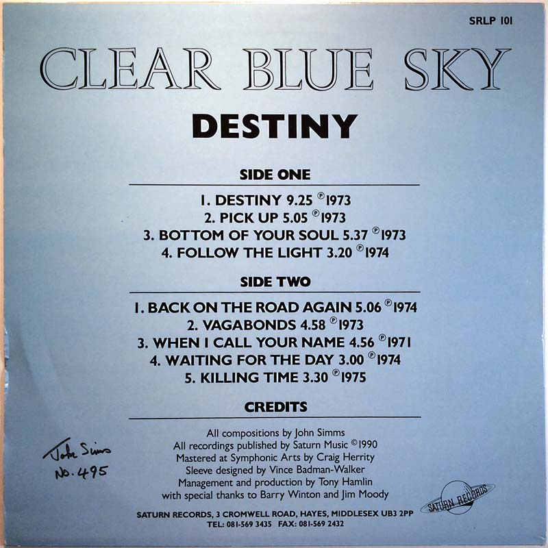 Clear Blue Sky LP Destiny  kansi VG+ levy EX Käytetty LP