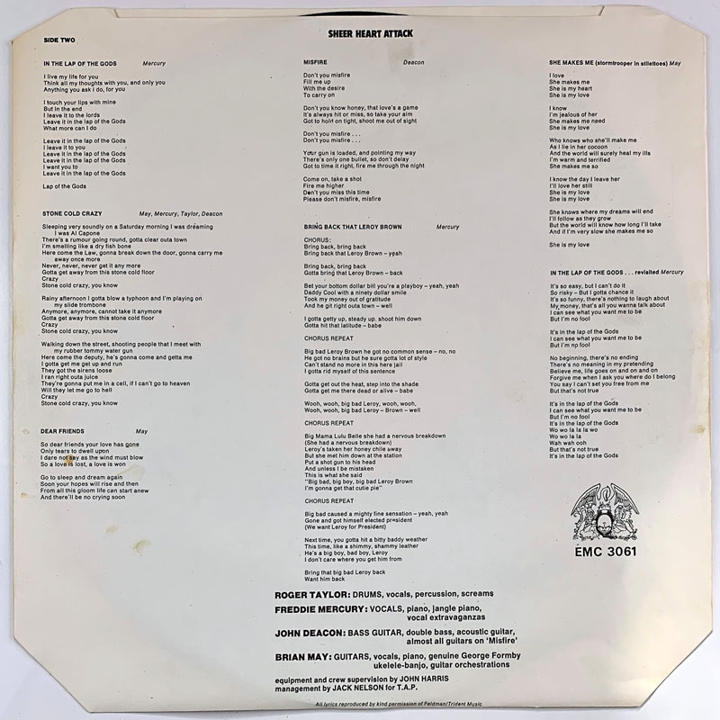 Queen LP Sheer Heart Attack  kansi EX- levy EX- Käytetty LP