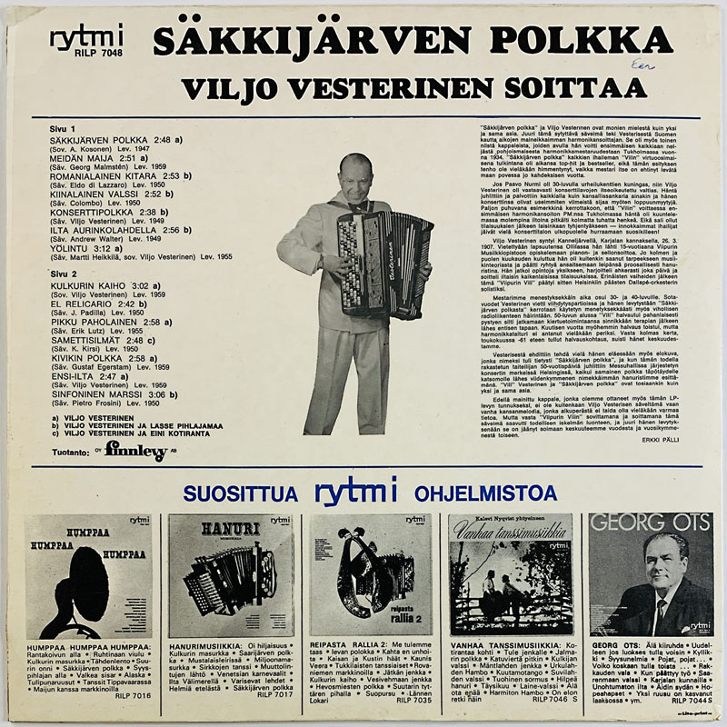 Vesterinen Viljo LP Säkkijärven polkka  kansi VG+ levy VG- Käytetty LP