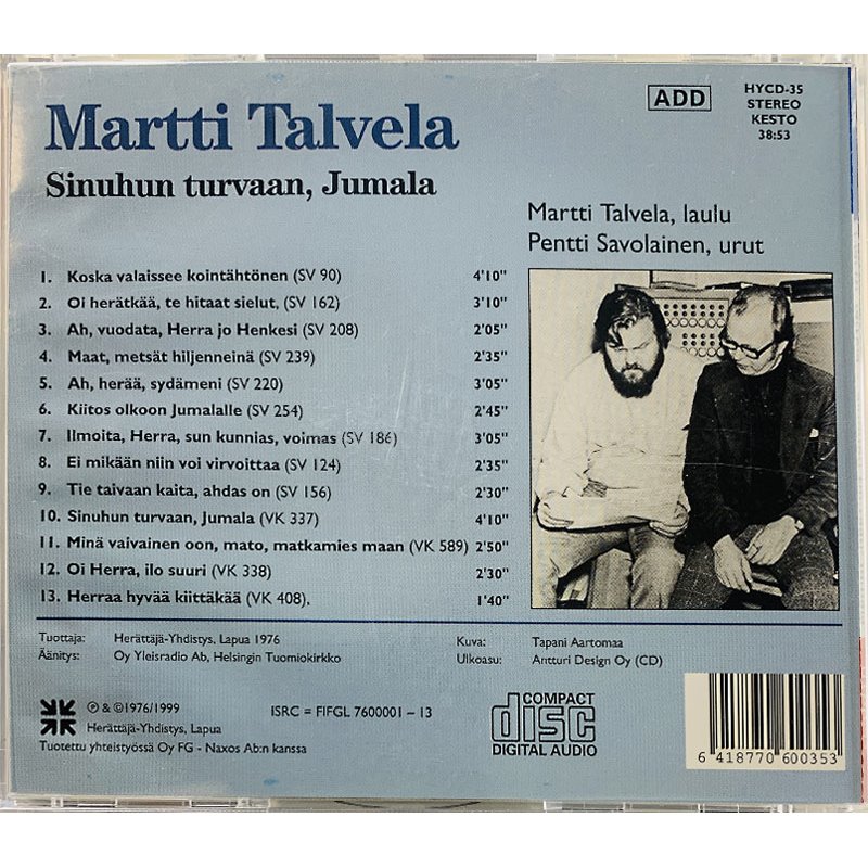 Talvela Martti CD Sinuhun turvaan Jumala  kansi EX levy EX Käytetty CD
