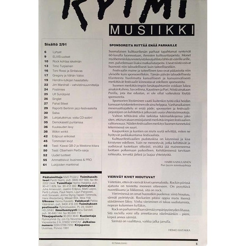 Rytmi 1991 No.2 Timo Turpeinen,Toni Rossi & Sinitaivas Magazine