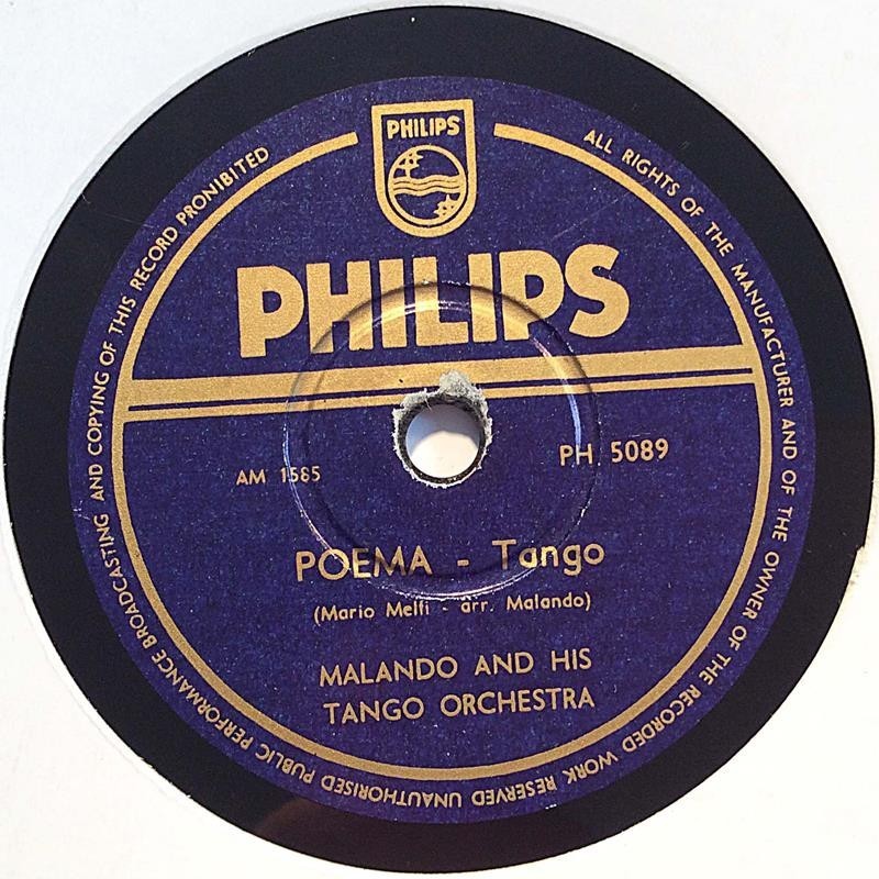 Malando and his tango orchestra: Media luz / Poema  kansi paperikansi/muovitasku levy VG+ savikiekko gramofonilevy