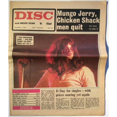 Disc and Music Echo 1970 No. December 5 Ian Gillan,Chicken Shack,Deep purple Magazine