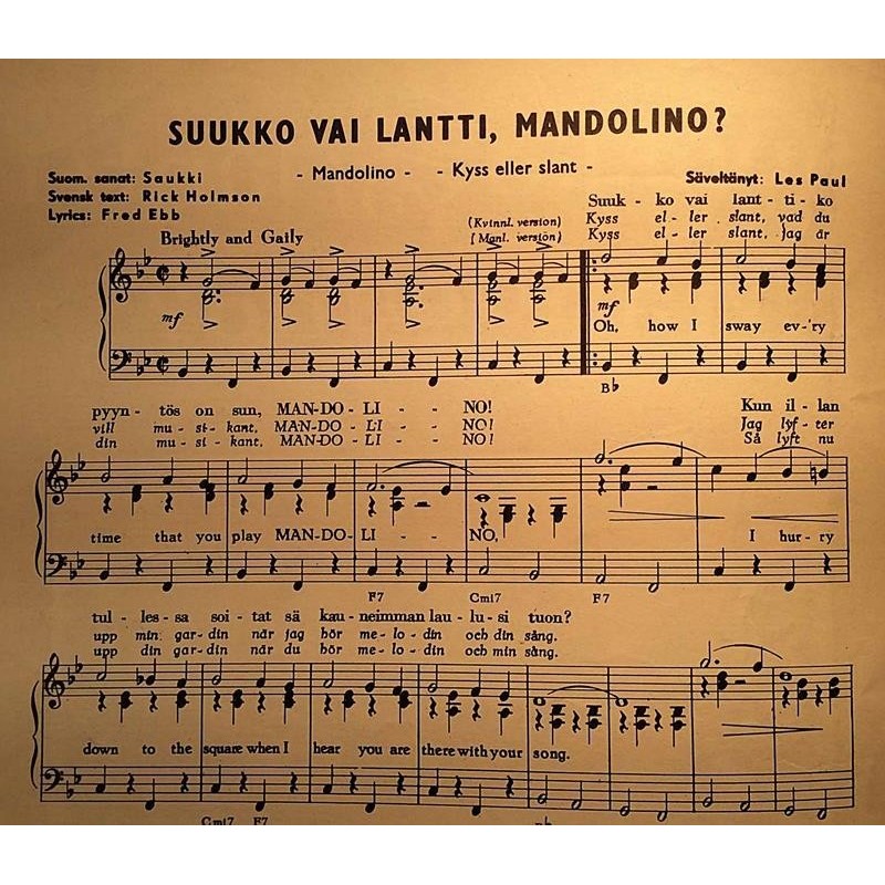 Suukko vai lantti, Mandolino : levylle laulanut Harmony-Sisters - Noter