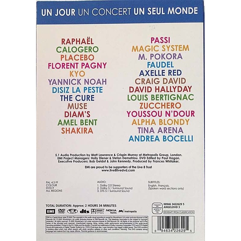 DVD - VARIOUS ARTISTS :  LIVE 8 PARIS: RAPHAEL: PLACEBO: MUSE: YM 2H 34 MINUTES  2005 RB EMI tuotelaji: DVD