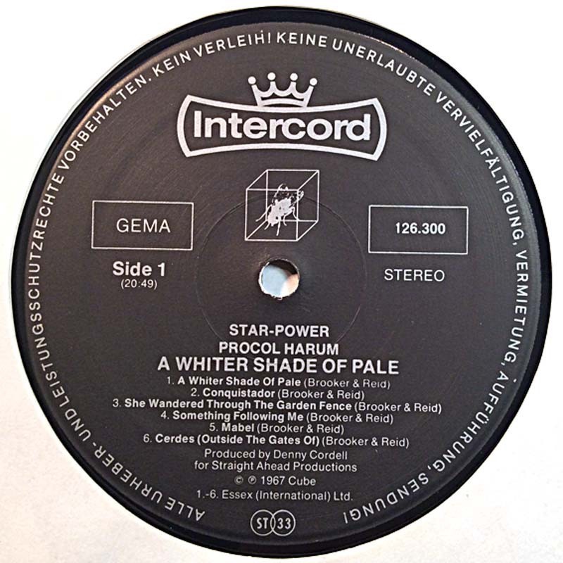 Procol Harum: A Whiter Shade Of Pale  kansi Ei kuvakantta levy EX kanneton LP
