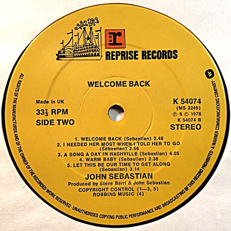 John Sebastian: Welcome Back  kansi Ei kuvakantta levy EX kanneton LP