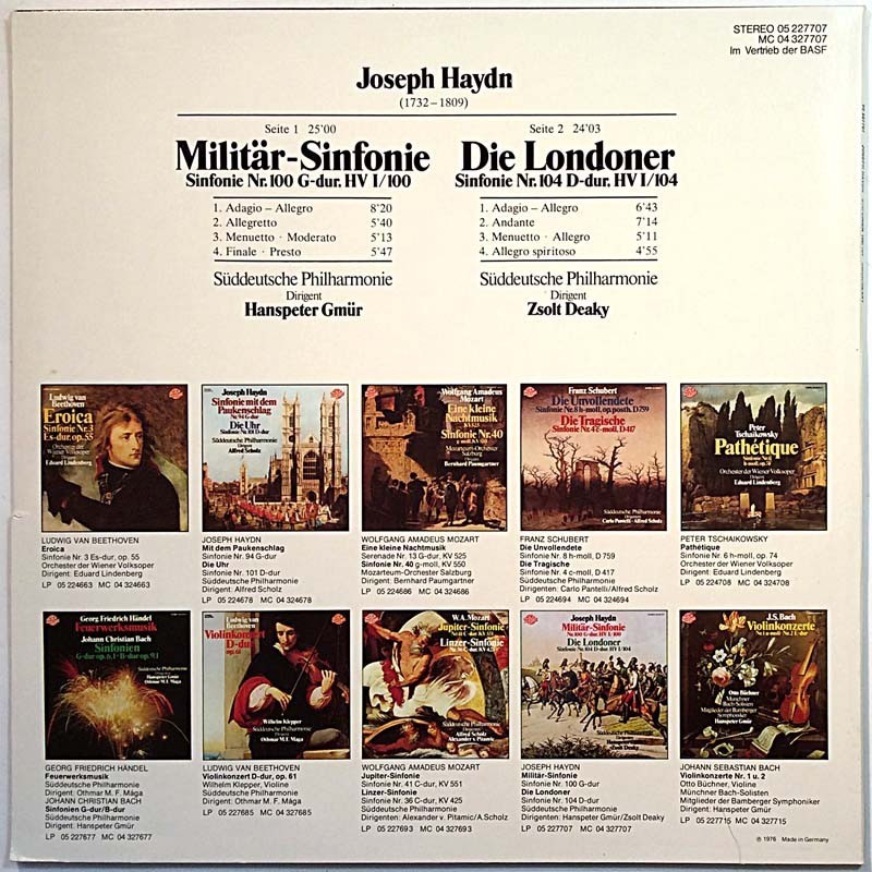 Haydn Joseph - Süddeutsche Philharmonie: Militär-Sinfonie Nr. 100 - Die Londoner  kansi EX levy EX Käytetty LP